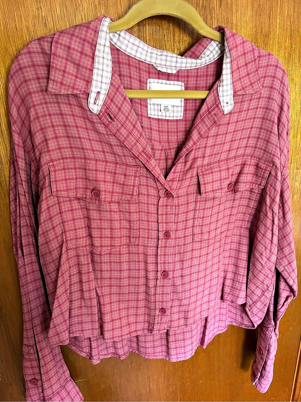 American Eagle Plaid Button Down Top in Pink & White Size Large